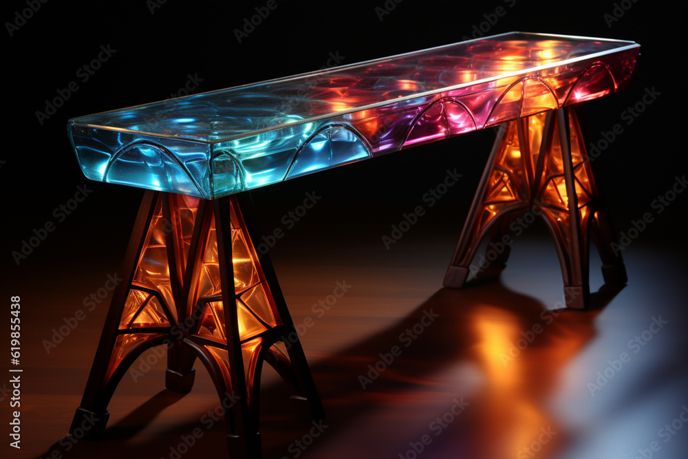 Aufkleber A console table made from transparent acrylic or glass, featuring geometric patterns etched or engraved into the surface.  Generative AI.