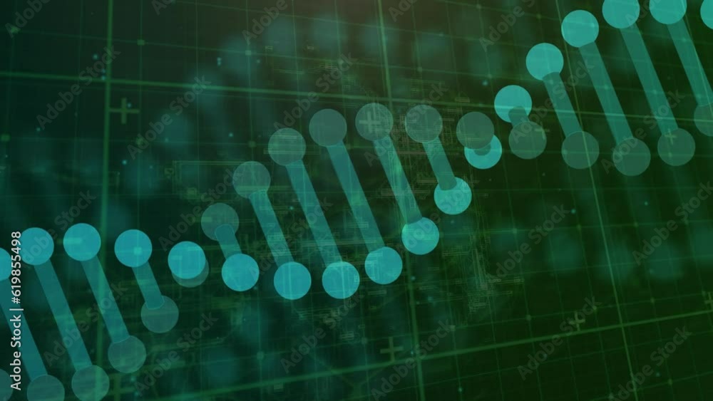 Poster animation of dna structures spinning over grid network against green background