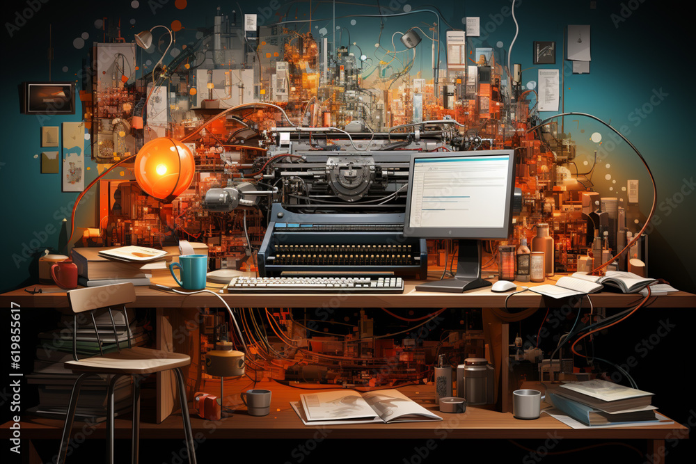 Poster A digital illustration showcasing an abstract representation of a writer's workspace.  Generative AI.