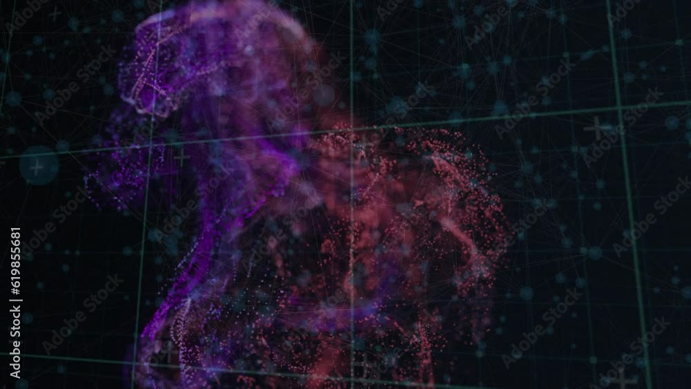 Poster animation of gradient digital wave and network of connections against black background