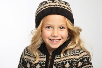 Portrait of a smiling little girl in a warm sweater and hat on a white background