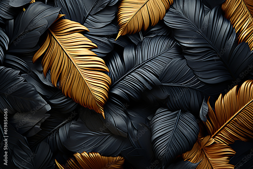 Poster gold and black tropical palm leaves. luxury creative nature background. minimal summer abstract jung