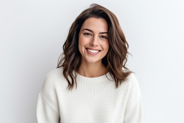 Fototapeta premium Medium shot portrait photography of a grinning woman in her 30s wearing a cozy sweater against a white background