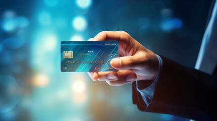 クレジット カード ビジネス支払い金融を示す手は、電子取引金融購入商業通貨支払銀行振込の商業オンライン ショッピング デビット背景GenerativeAI - obrazy, fototapety, plakaty