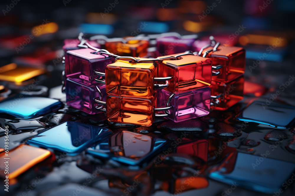 Poster Abstract concept of a broken block chain.  Generative AI.