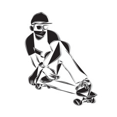 illustration of man in glasses and hat playing a skateboard with eagle down, silhouette skateboard logo