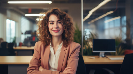 Beautiful happy woman looking at camera while sitting in the office