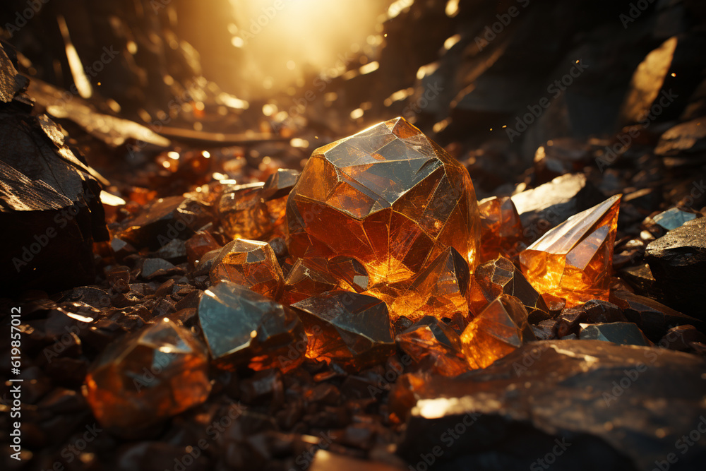 Poster beautiful image of extracting gold ore from a mine, pastel colors natural background generative ai.
