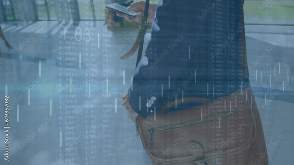 Poster animation of data processing against mid section of businessman using smartphone at office