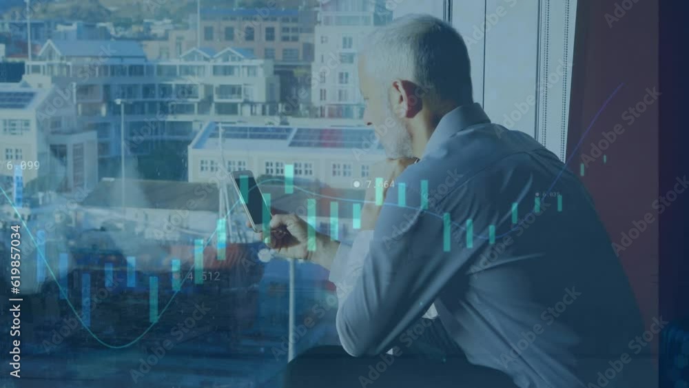 Aufkleber animation of data processing against caucasian senior man using smartphone near the window at office