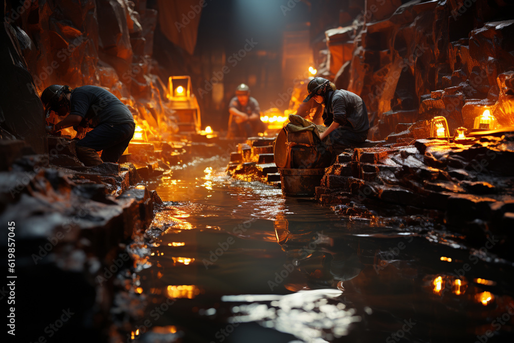 Poster an image portrays a gold mine, with workers sifting through sediment and using traditional mining te