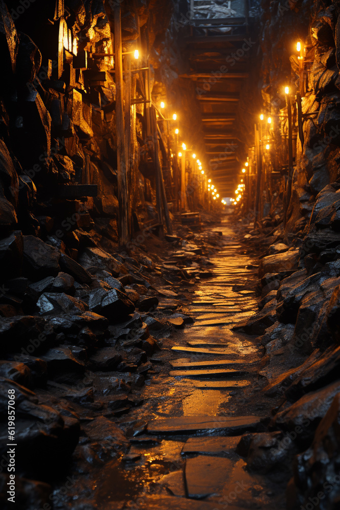 Aufkleber an image depicts an underground mine tunnel, with dimly lit passageways leading deeper into the eart