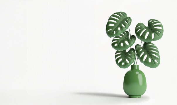 illustrazione generative ai con pianta di Mastera in un vaso verde, sfondo bianco con ombra