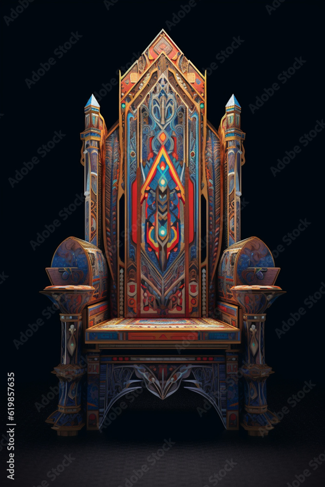 Poster a geometric-inspired throne with intricate patterns and symmetrical designs, showcasing the grandeur