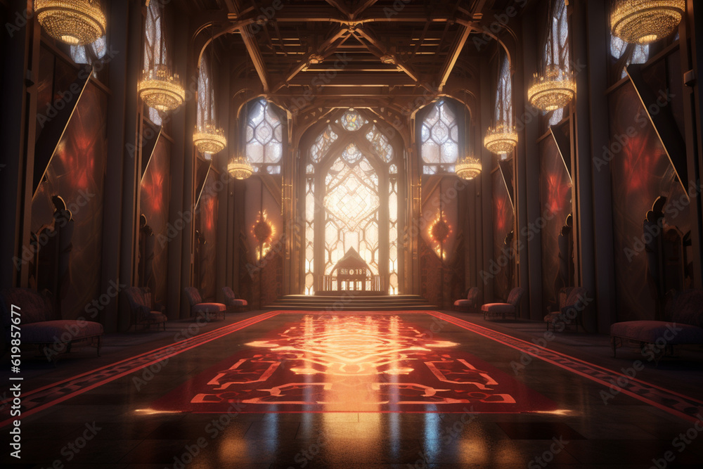 Aufkleber A geometric-inspired throne room with angular architecture and symmetrical designs, creating a visually striking and regal environment.  Generative AI technology.