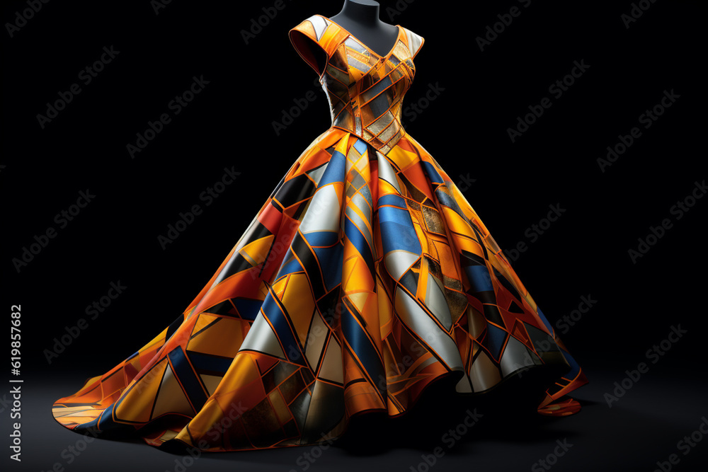 Poster A geometric-themed queen's gown adorned with intricate geometric patterns and bold color combinations, making a fashion statement.  Generative AI technology.