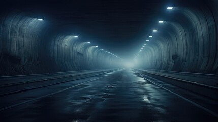 Dark tunnel interior with blue lights illumination, abstract underground transportation background - obrazy, fototapety, plakaty