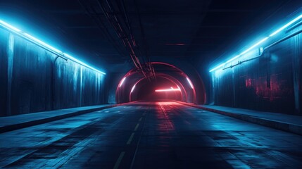 Dark underground tunnel interior with blue red neon lights, abstract transportation background