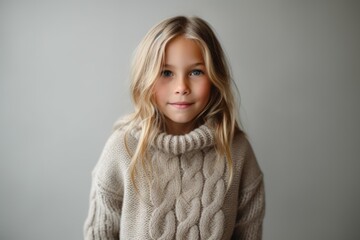 Portrait of a beautiful little girl in a warm sweater on a gray background