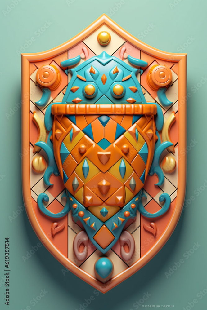 Aufkleber A pastel-colored geometric king's shield with intricate patterns and gentle geometric shapes, symbolizing strength and protection.  Generative AI technology.