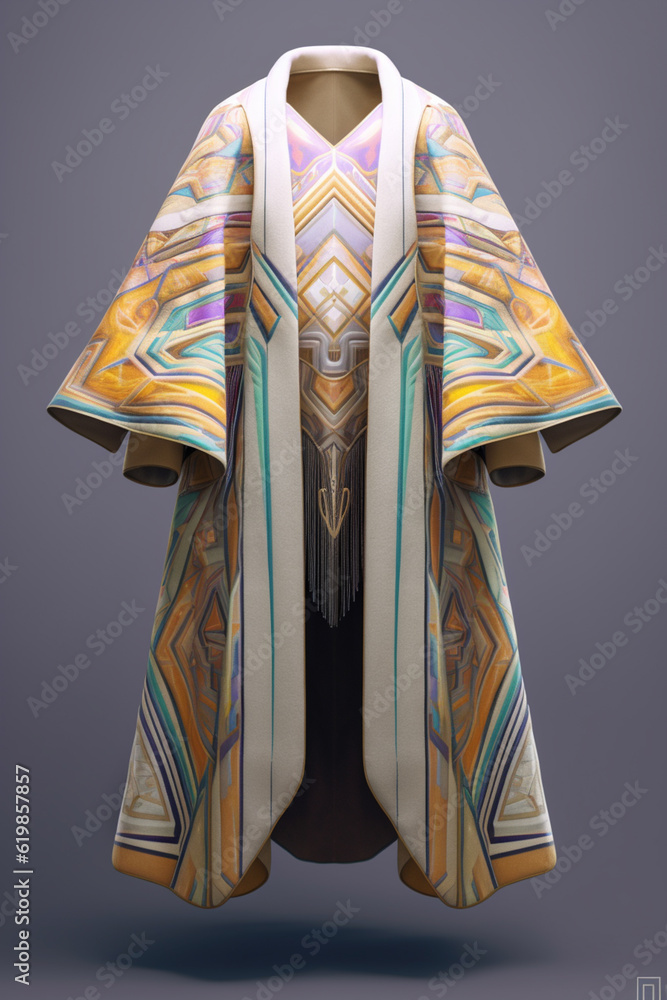 Poster a pastel-colored geometric-style king's robe with symmetrical patterns and intricate pastel motifs, 