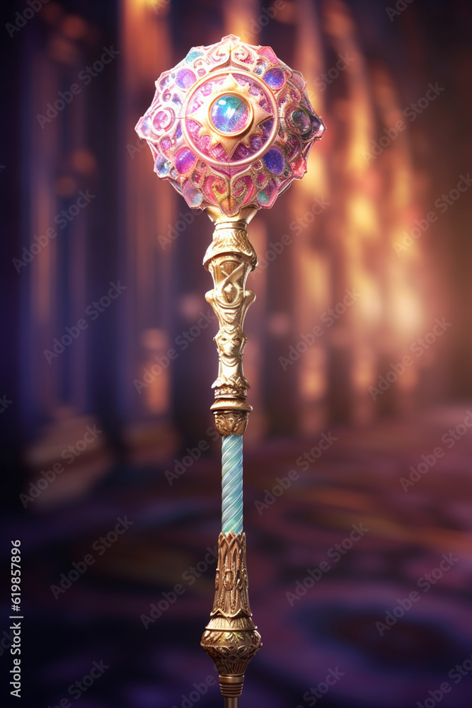 Poster a pastel-colored geometric-themed king's scepter with intricate patterns and gentle hues, embodying 
