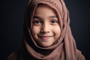 Medium shot portrait photography of a grinning child female wearing hijab against a minimalist or empty room background