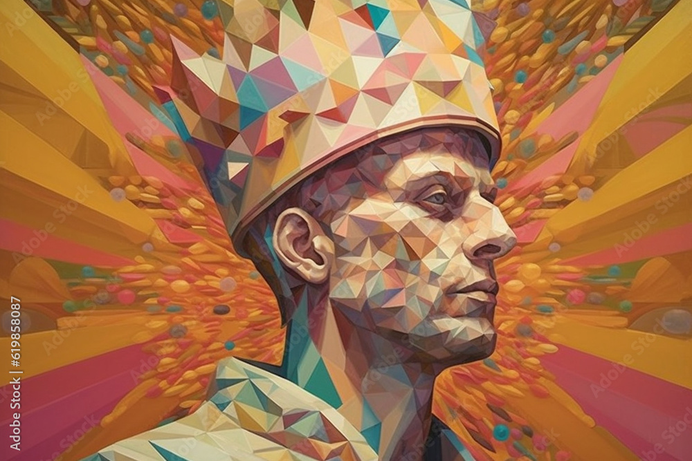 Poster a pastel-colored geometric king's portrait made of interlocking shapes and gentle pastel shades, off