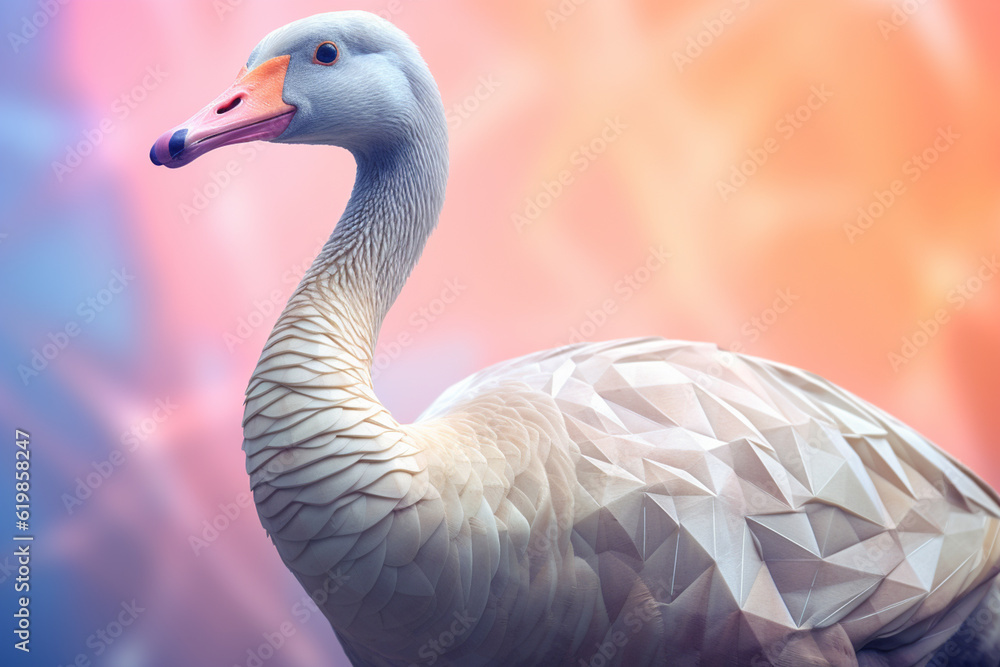 Poster a pastel-colored geometric-themed goose illustration with angular shapes and delicate pastel shades,