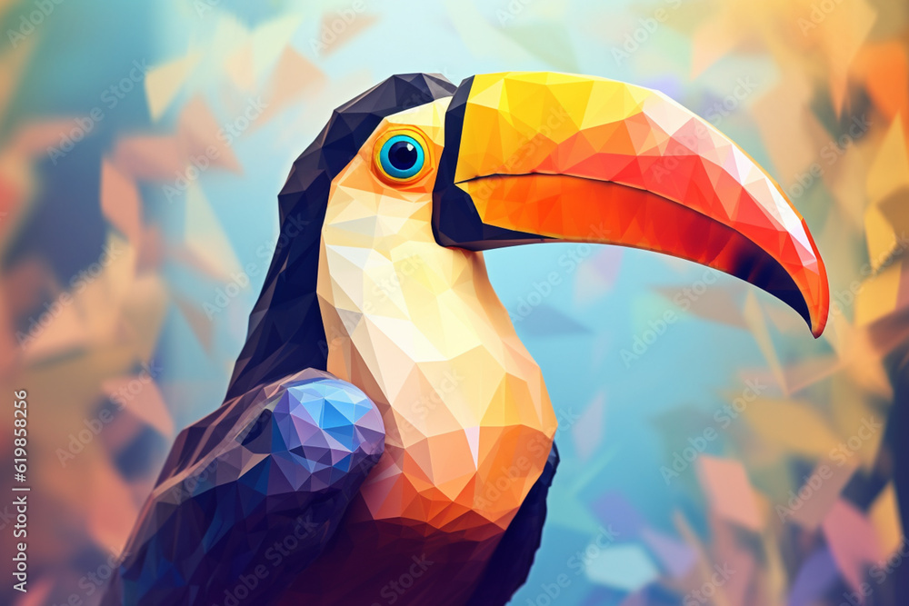 Aufkleber a pastel-colored geometric-themed toucan illustration with angular shapes and delicate pastel shades
