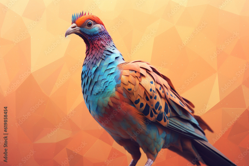 Poster a pastel-colored geometric-themed pheasant illustration with angular shapes and delicate pastel shad