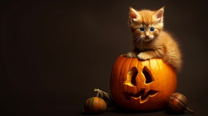 Kitten sitting on pumpkin decoration for halloween holiday background Jack Lantern, generated by AI