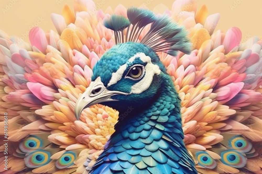 Aufkleber a pastel-colored geometric-style peacock artwork with intricate geometric shapes and soft pastel hue