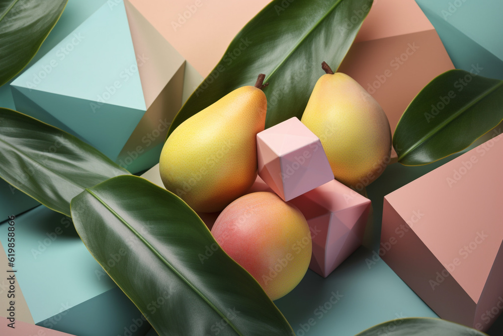 Poster a pastel-colored geometric-style mango artwork with intricate geometric shapes and soft pastel hues,