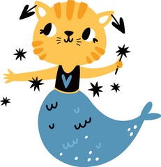 Cat mermaid. Cute fantasy creature. Lovely cartoon character
