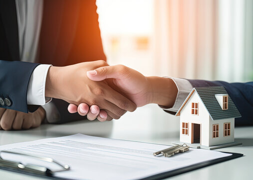 Estate agent shaking hands with his customer after contract signature. Mortgage, home loan and insurance concept. Generative AI