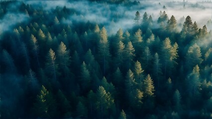 Fototapeta na wymiar A bird's eye view of a misty morning in the forest, generative AI