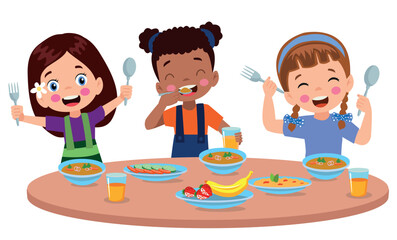 Boy and girls eating at the dining table