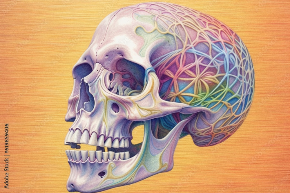 Poster A pastel-colored geometric-themed skeleton embroidery artwork with intricate geometric stitches and soft pastel thread. Generative AI technology.