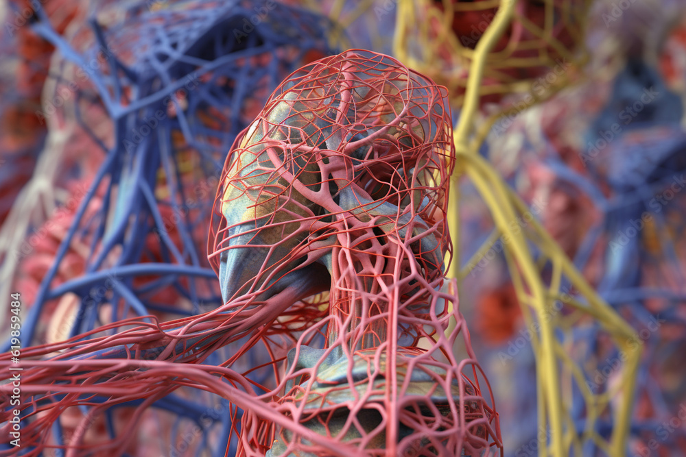 Poster anatomical models of the human circulatory system are displayed in a geometric motif, with interconn