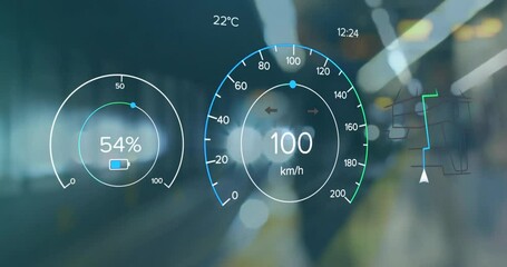 Animation of electric car speedometer data processing over city - Powered by Adobe