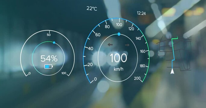 Animation of electric car speedometer data processing over city - Powered by Adobe
