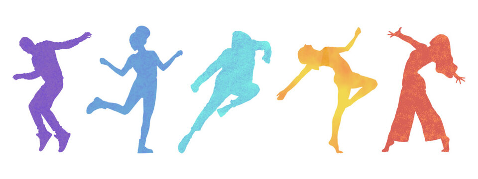 Silhouette of dancing people at a party on a white background, people celebrating a holiday, colorful vector illustration