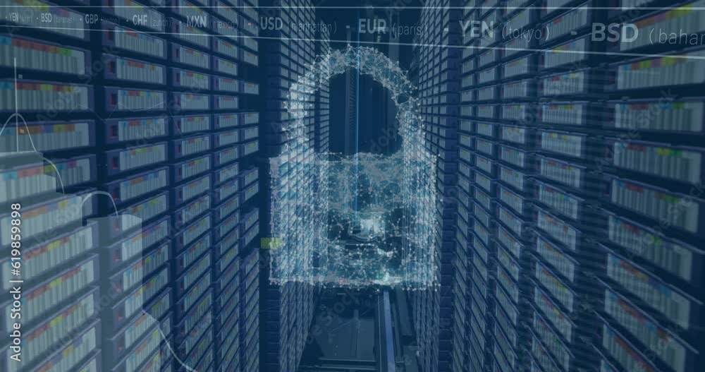Poster animation of padlock and data processing over computer servers