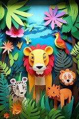 Obraz na płótnie Canvas Paper cut landscape jungle with animals illustration for kids made with Generative AI 