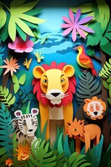 Fototapeta premium Paper cut landscape jungle with animals illustration for kids made with Generative AI 