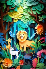 Paper cut landscape jungle with animals illustration for kids made with Generative AI 