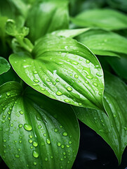 Obraz premium Photography Close up Hosta Golden Tiara with Yellow and Green Leaves with Water Drops in the Garden Design Closeup. 