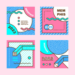 Memphis banners. Abstract retro posters with minimalistic patterns and geometric shapes in pastel color collection square flyers vector graphic design template for social media posts.