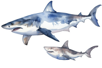 Fototapeta premium watercolor painting illustration of shark with their little baby shark